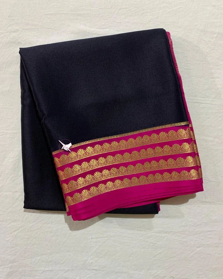 Black Nd Pink Semi Mysore Silk Saree