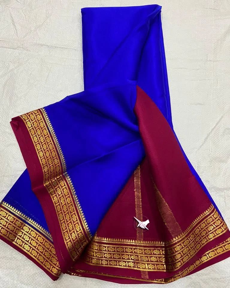 Blue Nd Marun Semi Mysore  Silk Saree