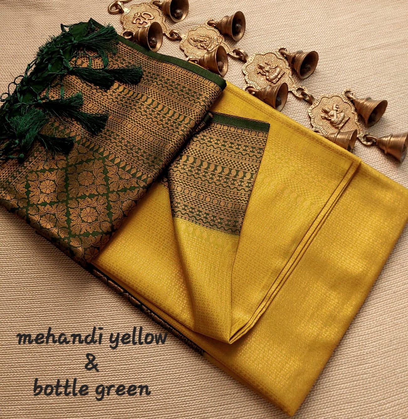 Yellow Nd Green Silk Saree With Golden Zari Border
