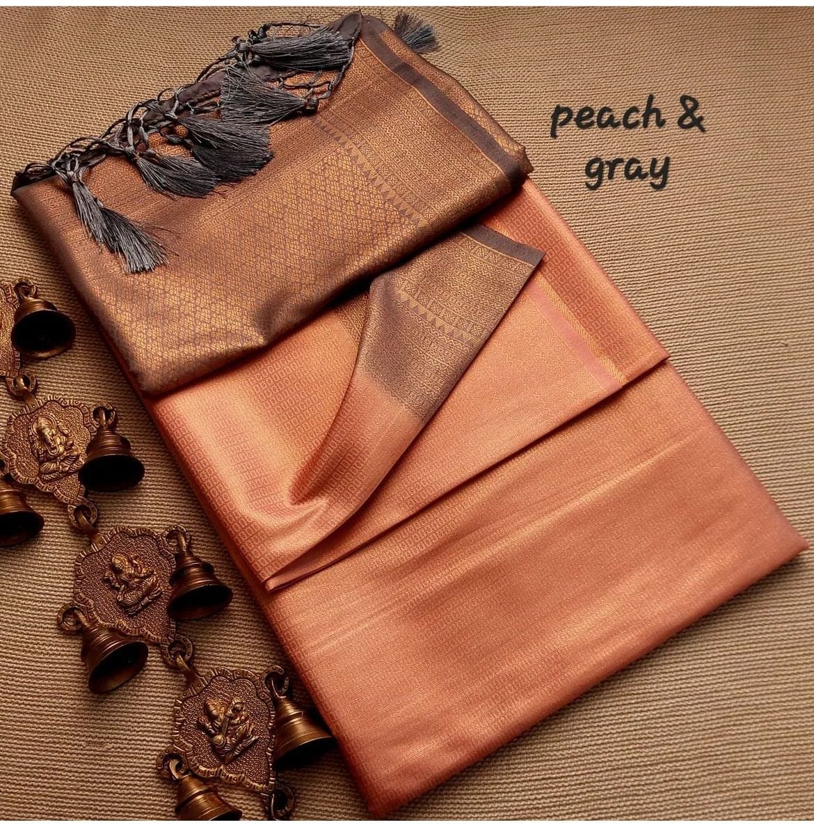 Peach Nd Grey Colour Kubera Pattu Silk Saree