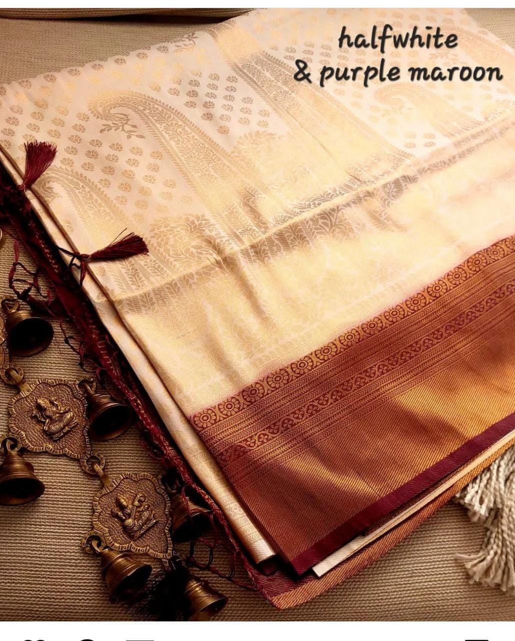 Half White Nd Purple Marun Colour Pattu Silk Saree
