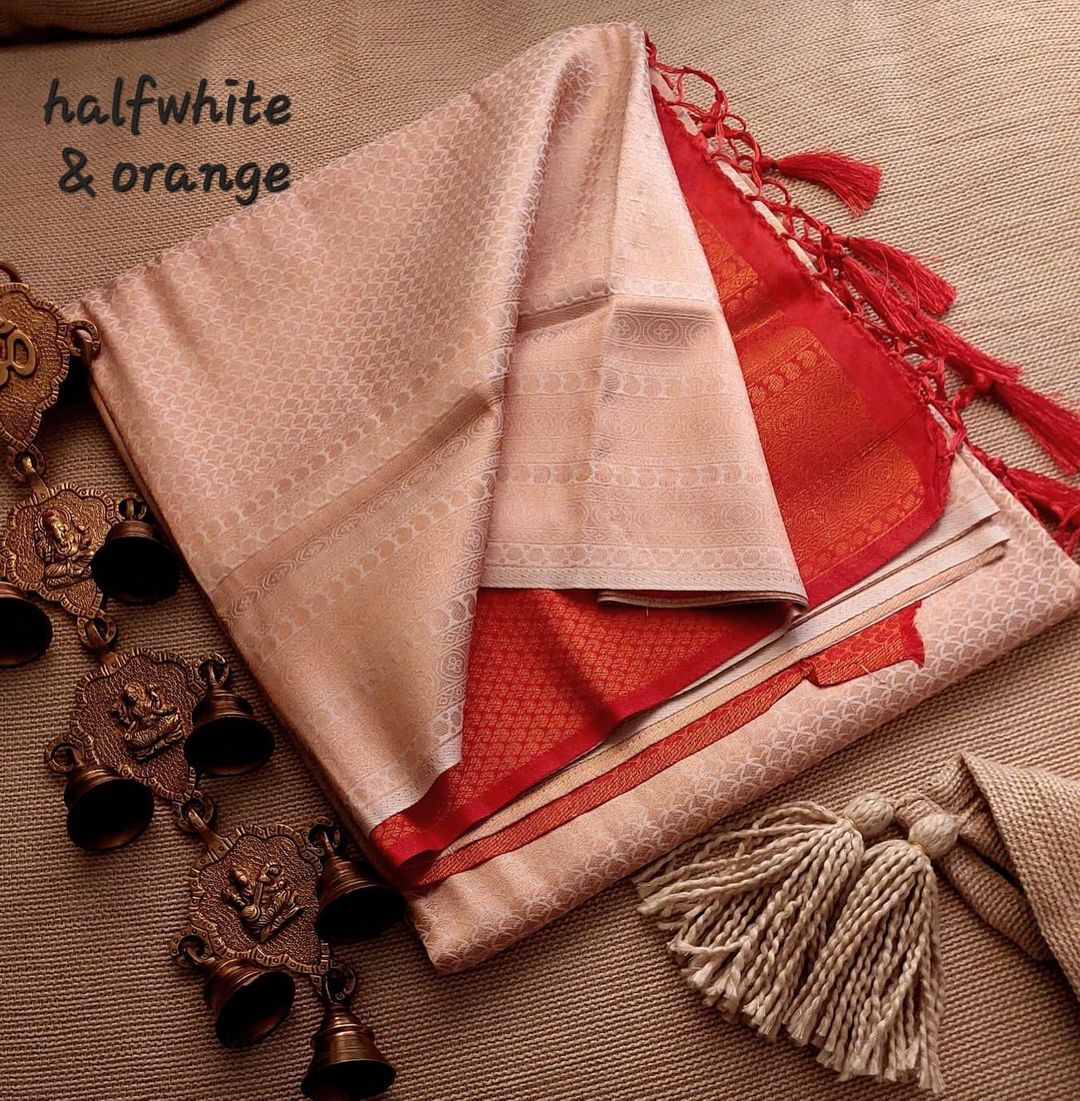 Half White Nd Orange Colour Pattu Silk Saree