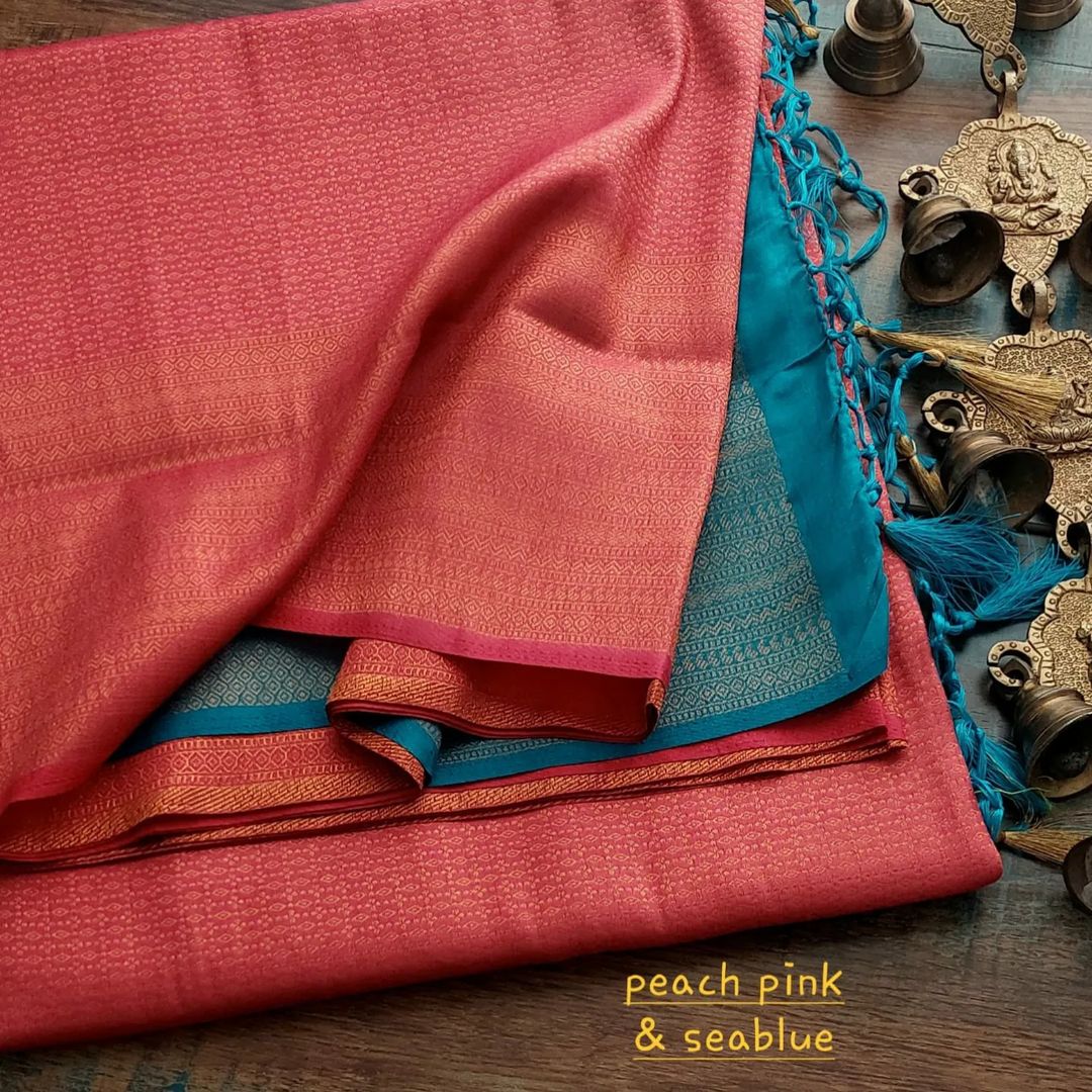 Peach Pink Nd Sea Blue Colour Pattu Silk Saree