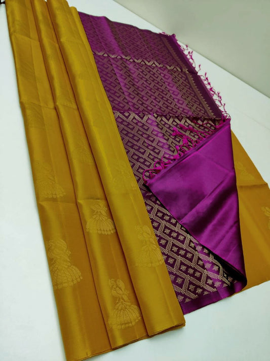 Yellow Nd Purple Lichi  Silk Saree With Rich Pallu